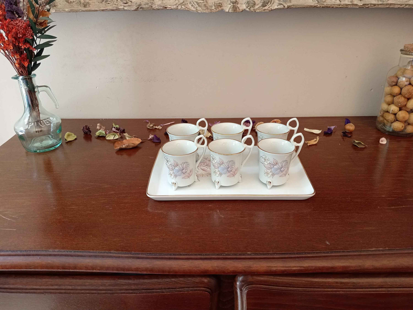 6 tasses en porcelaine de Limoges avec plateau, filet peint à la main - Ensemble élégant pour café ou thé