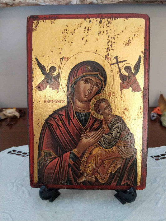 Icône byzantine dorée Sainte Vierge Marie et l'Enfant Jésus, faite à la main en feuille d'or