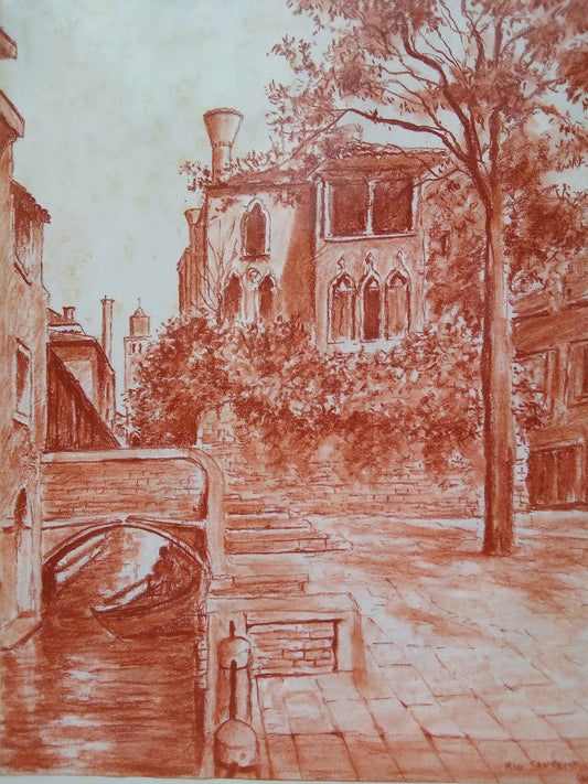 Vue de Venise dessin ancien signée - Sanguine du 20ème siècle en parfait état
