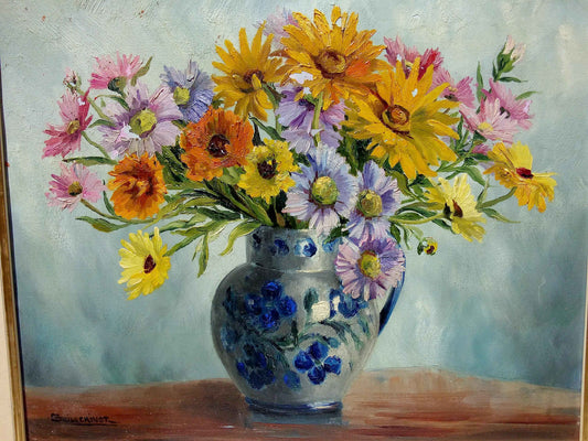 Peinture signée GUILLEMINOT fleurs - Huile sur toile, bouquet lumineux et coloré