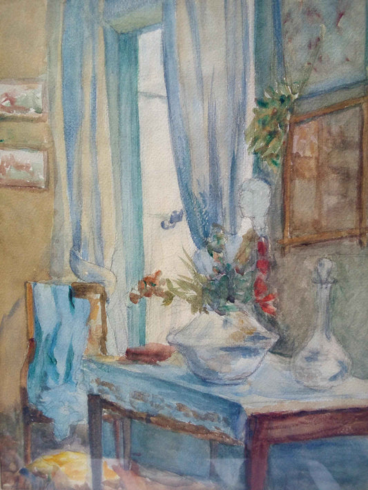 Aquarelle signée seconde moitié 20ème siècle, intérieur intime sur papier