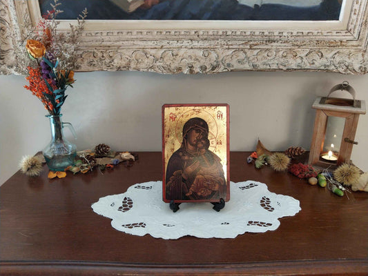 Icône byzantine dorée Sainte Vierge Marie avec l'Enfant Jésus, artisanale et unique en feuille d'or