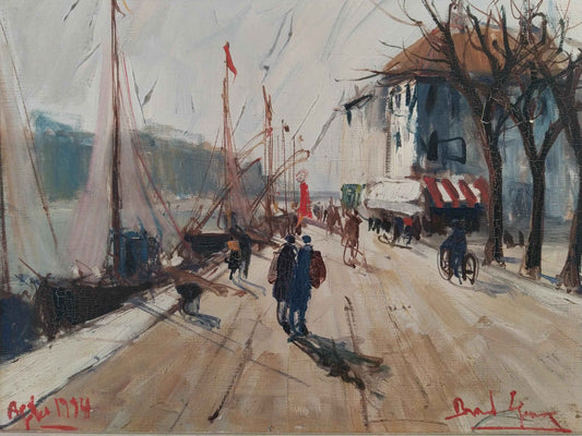 Peinture à l'huile signée AGDE La Balade au Port, unique, 1954