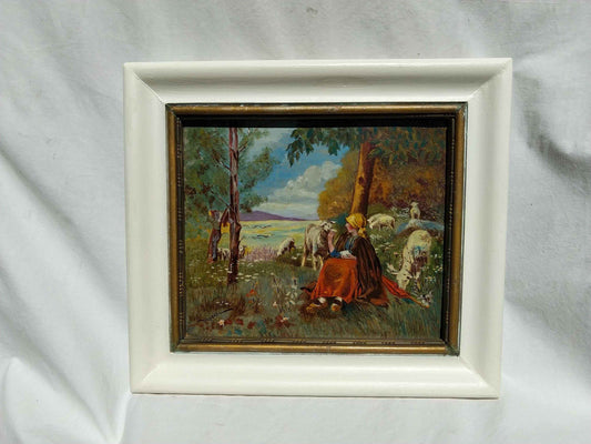 Peinture à l'huile MUDEL 1940, œuvre vintage de bergère et moutons