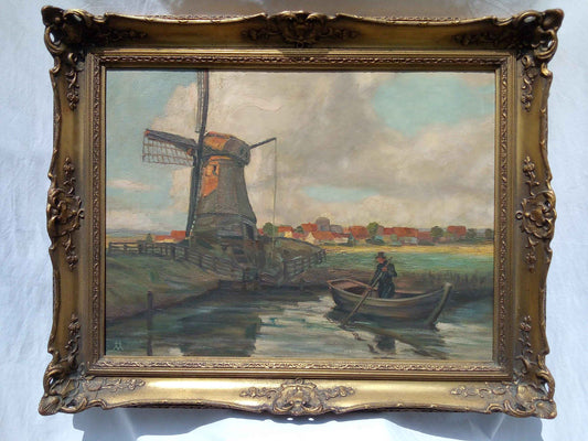 Peinture à l'huile Moulin Flamand et pêcheur début 20ème avec cadre d'époque élégant