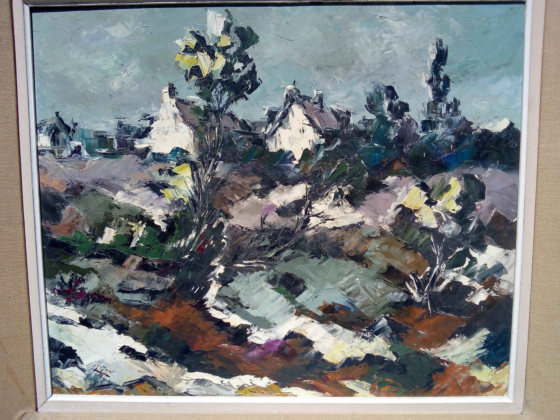 Peinture à l'huile G. GOAS paysage neige, tableau d'artiste français des années 1950