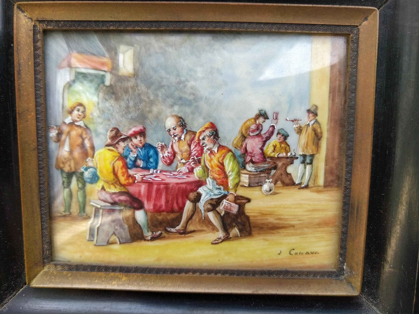 Peinture à l'huile miniature 17ème siècle signée Les joueurs de cartes, qualité exceptionnelle et rare