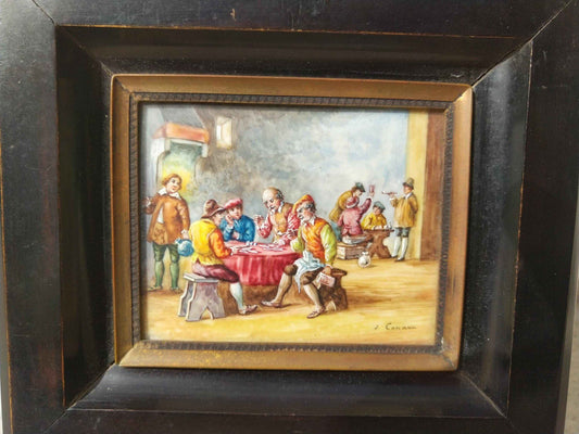 Peinture à l'huile miniature 17ème siècle signée Les joueurs de cartes, qualité exceptionnelle et rare