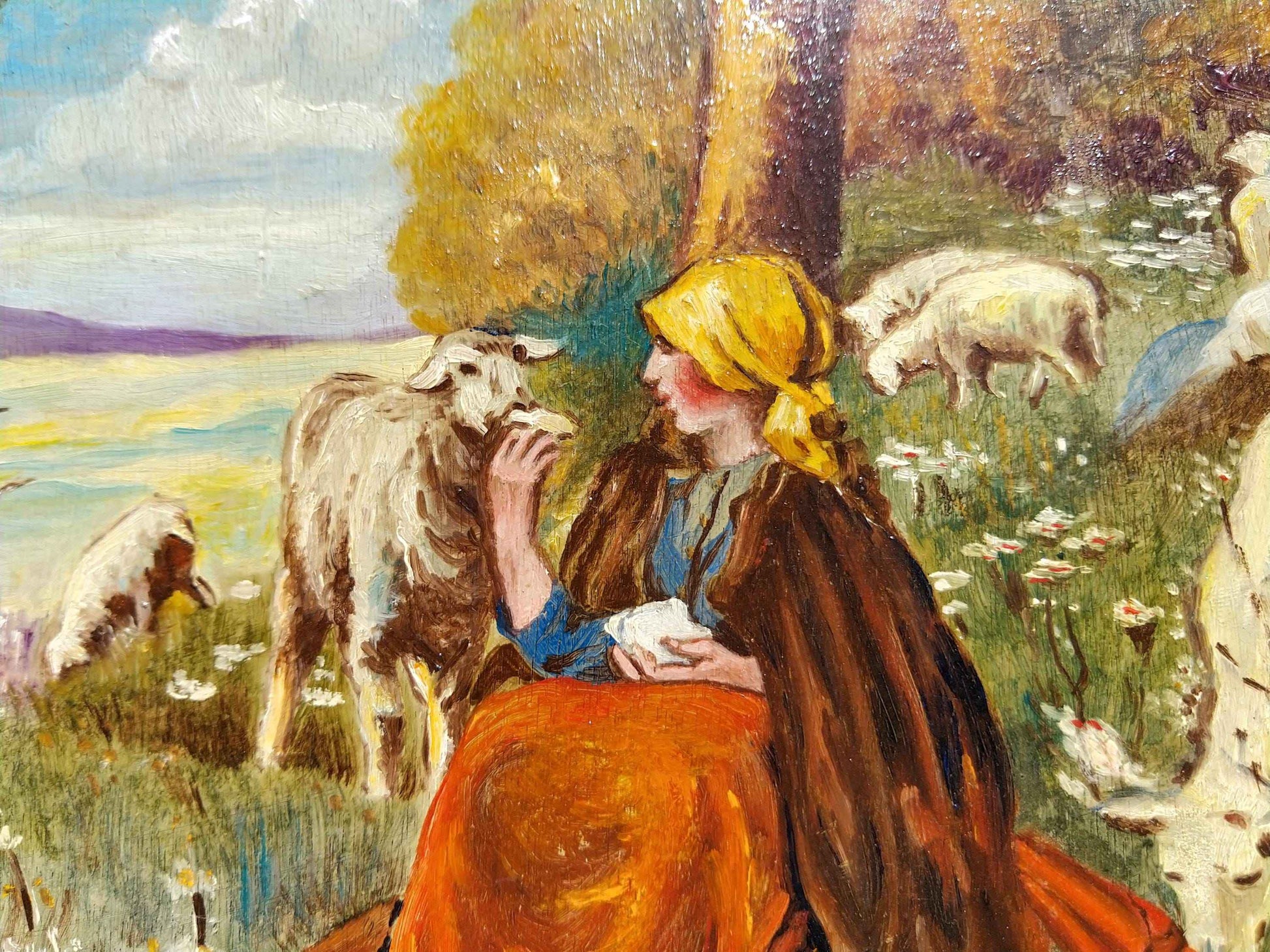 Peinture à l'huile MUDEL 1940, œuvre vintage de bergère et moutons