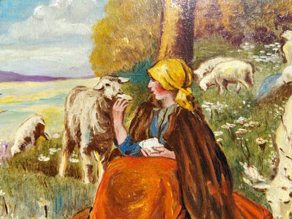 Peinture à l'huile MUDEL 1940, œuvre vintage de bergère et moutons