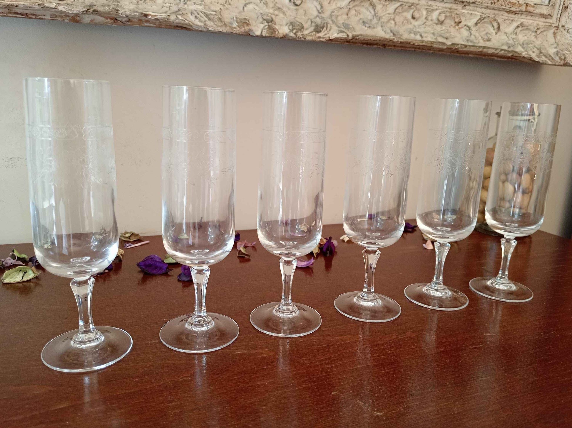 Flûtes à champagne gravées cristal d'Arques Matignon années 70 - Ensemble de 6 pièces