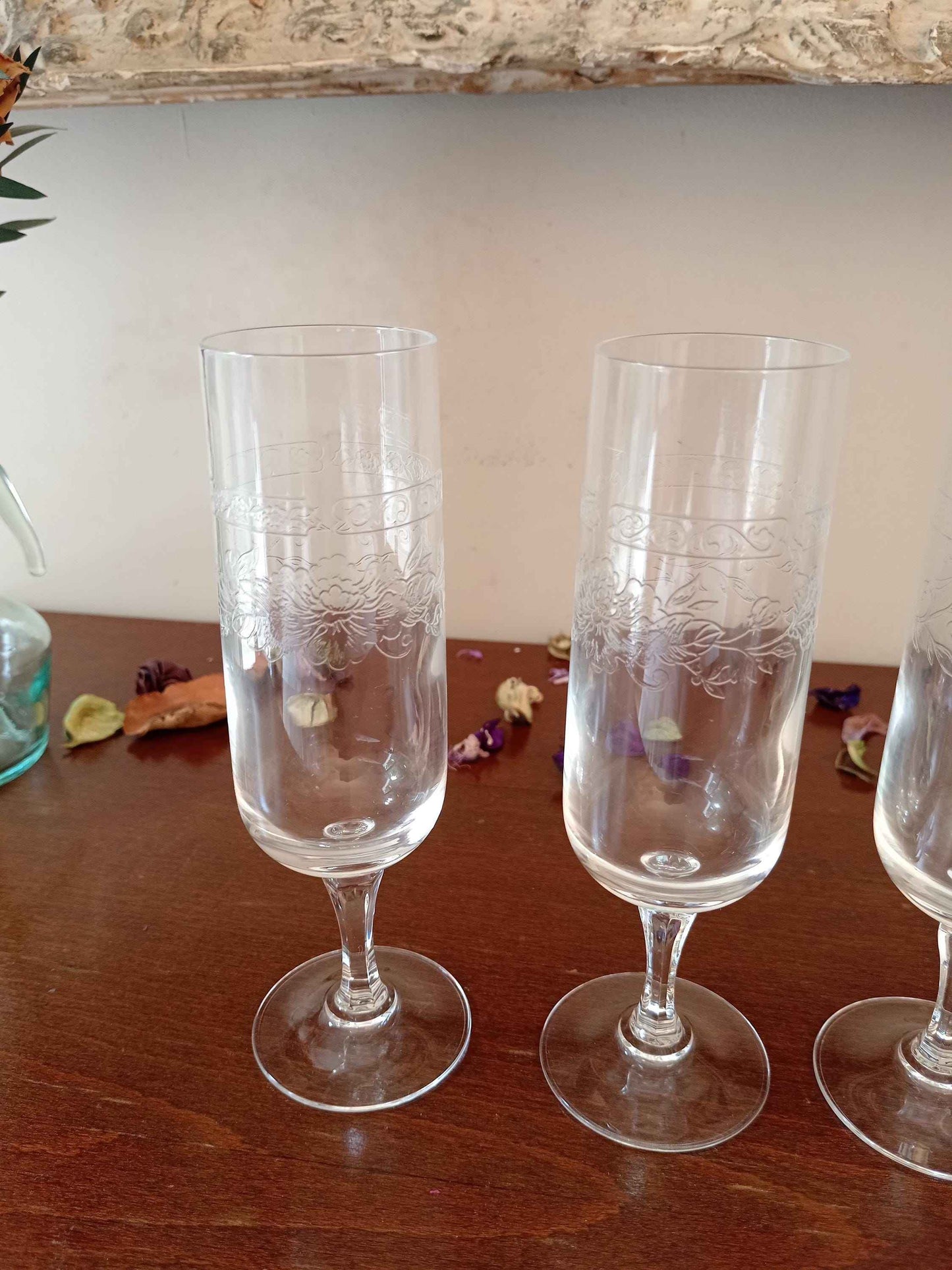 Flûtes à champagne gravées cristal d'Arques Matignon années 70 - Ensemble de 6 pièces