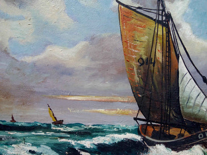 Peinture à l'huile régate marine J.HOBOOET - Œuvre hollandaise encadrée du milieu 20ème siècle