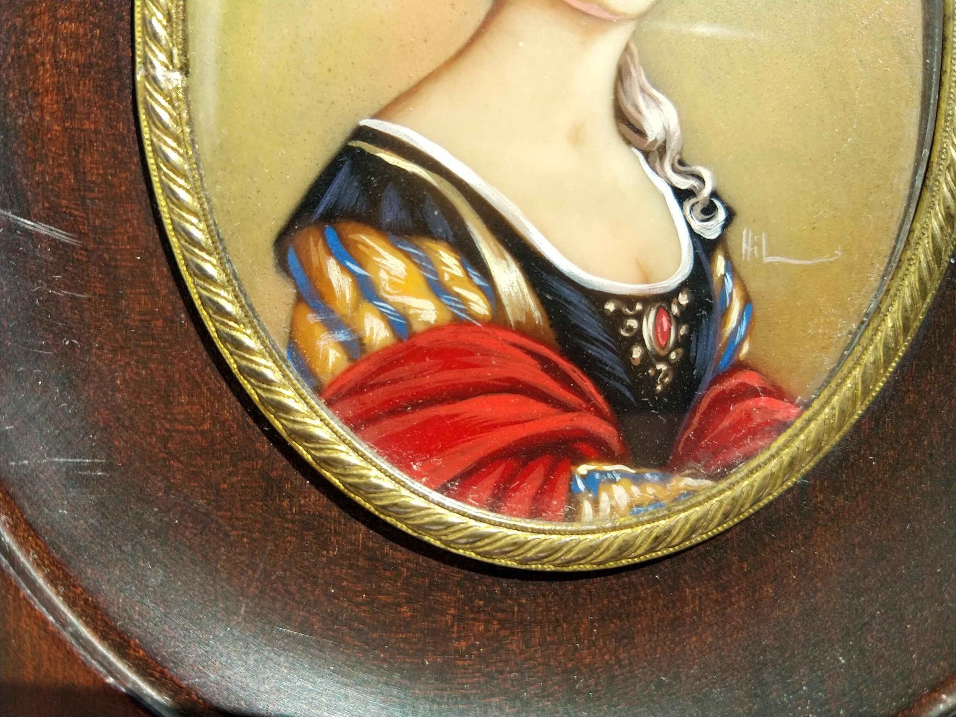 Peinture à l'huile miniatures HIL - Portrait élégant d'une femme du milieu du 20ème siècle