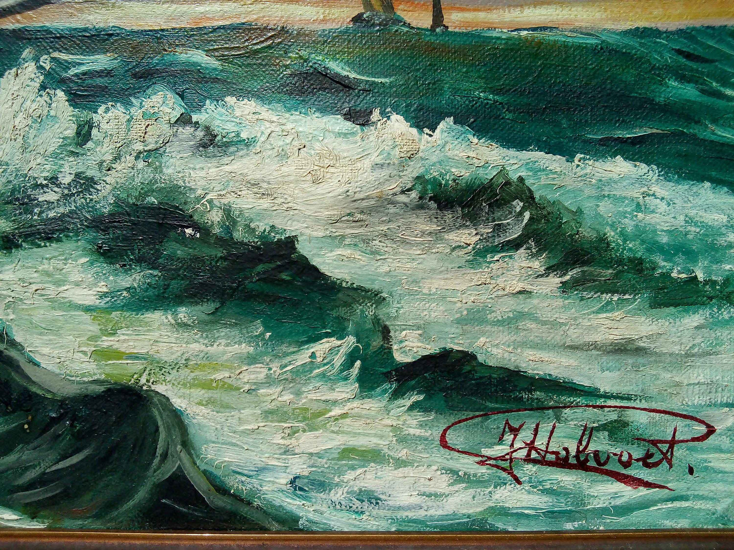 Peinture à l'huile régate marine J.HOBOOET - Œuvre hollandaise encadrée du milieu 20ème siècle