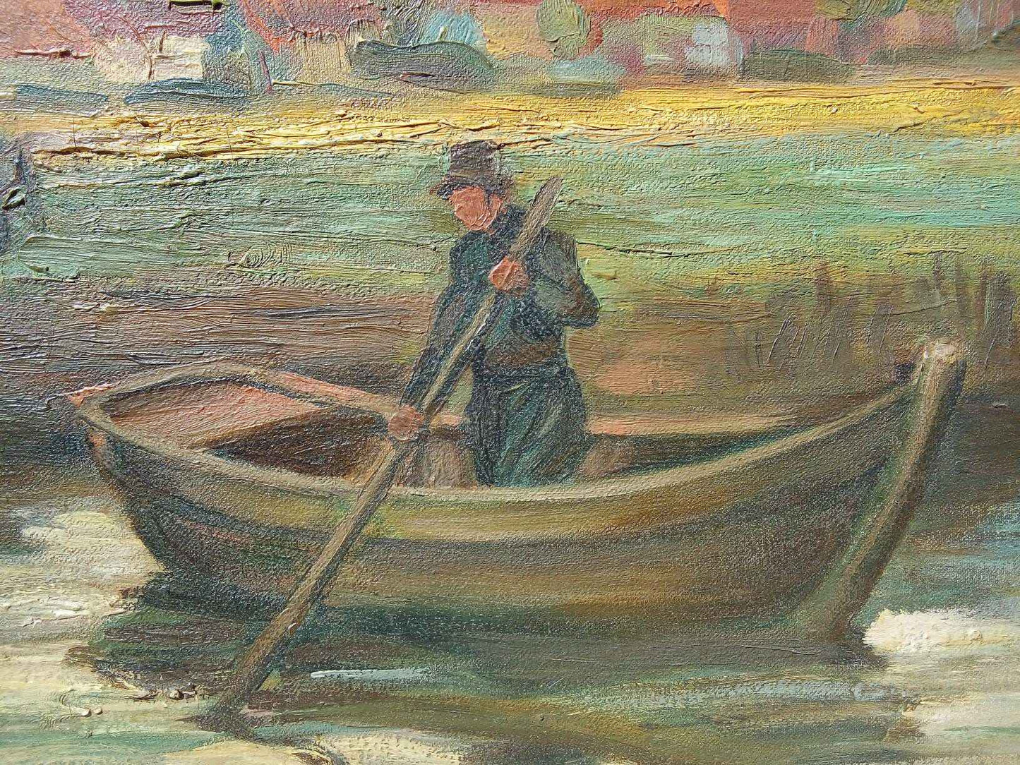 Peinture à l'huile Moulin Flamand et pêcheur début 20ème avec cadre d'époque élégant