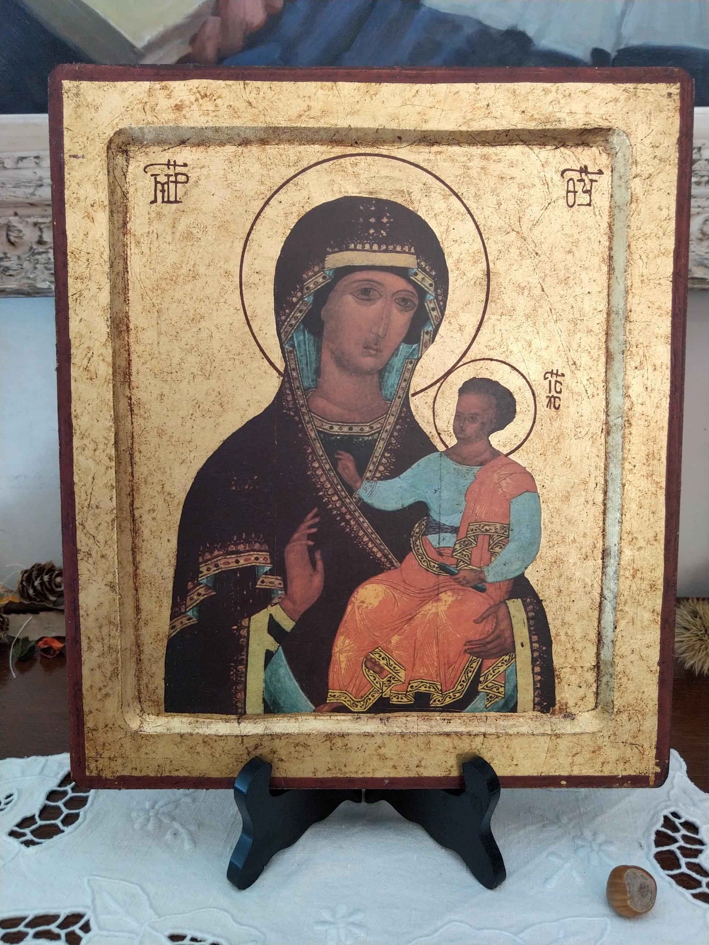 Grande icône byzantine en feuille d'or de la Sainte Vierge Marie avec l'Enfant Jésus - icône byzantine Sainte Vierge Marie fait à la main