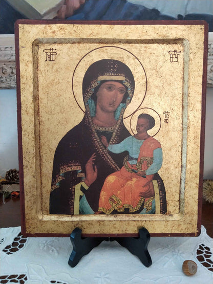 Grande icône byzantine en feuille d'or de la Sainte Vierge Marie avec l'Enfant Jésus - icône byzantine Sainte Vierge Marie fait à la main