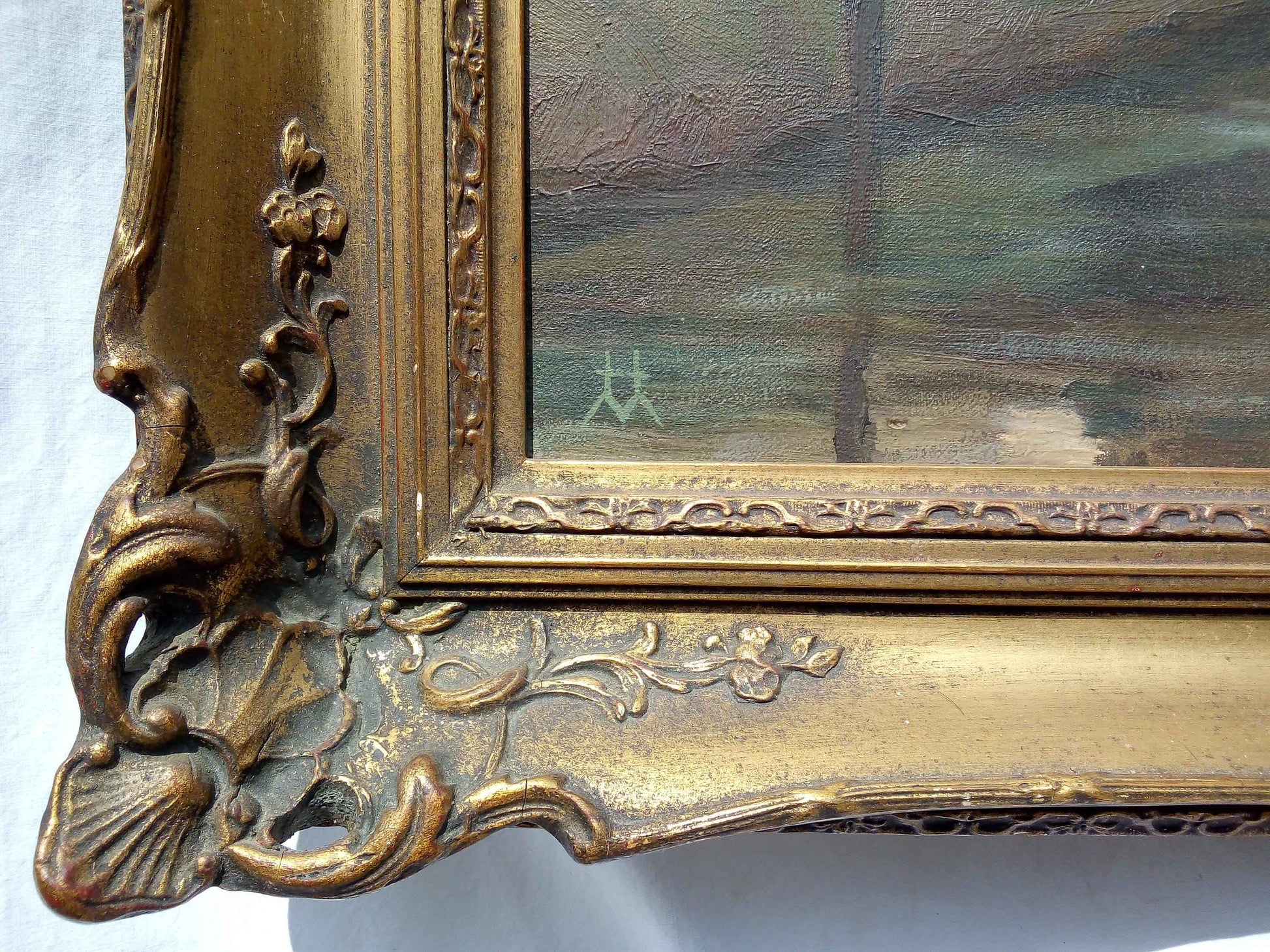 Peinture à l'huile Moulin Flamand et pêcheur début 20ème avec cadre d'époque élégant