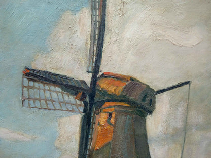 Peinture à l'huile Moulin Flamand et pêcheur début 20ème avec cadre d'époque élégant