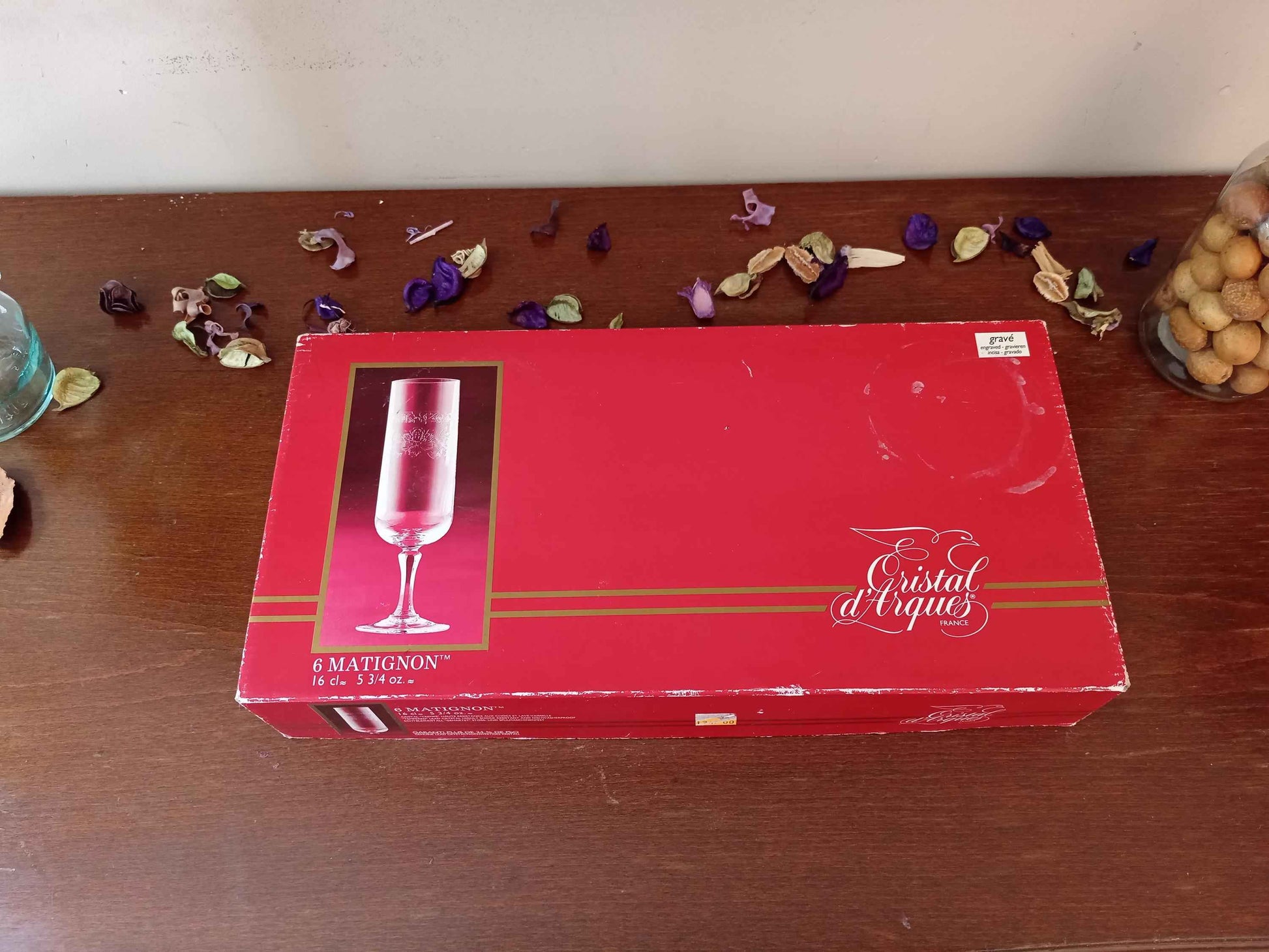 Flûtes à champagne gravées cristal d'Arques Matignon années 70 - Ensemble de 6 pièces