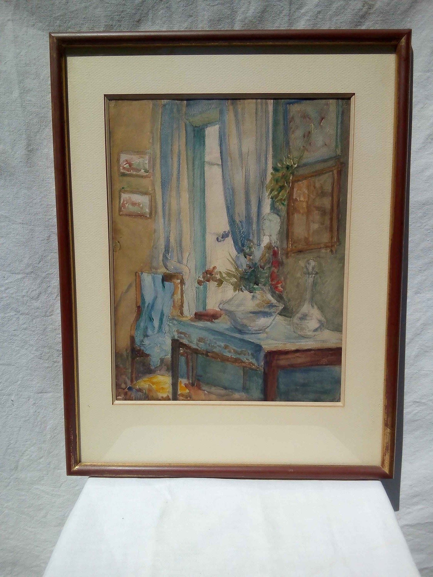 Aquarelle signée seconde moitié 20ème siècle, intérieur intime sur papier