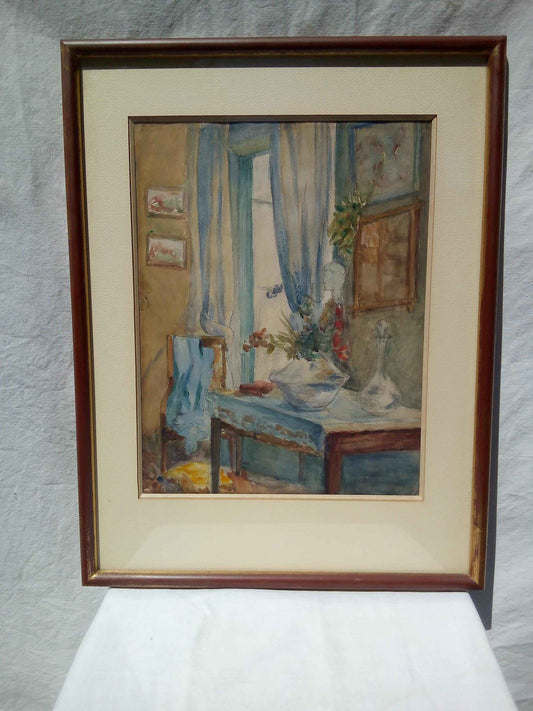Aquarelle signée seconde moitié 20ème siècle, intérieur intime sur papier
