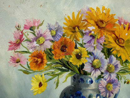 Peinture signée GUILLEMINOT fleurs - Huile sur toile, bouquet lumineux et coloré