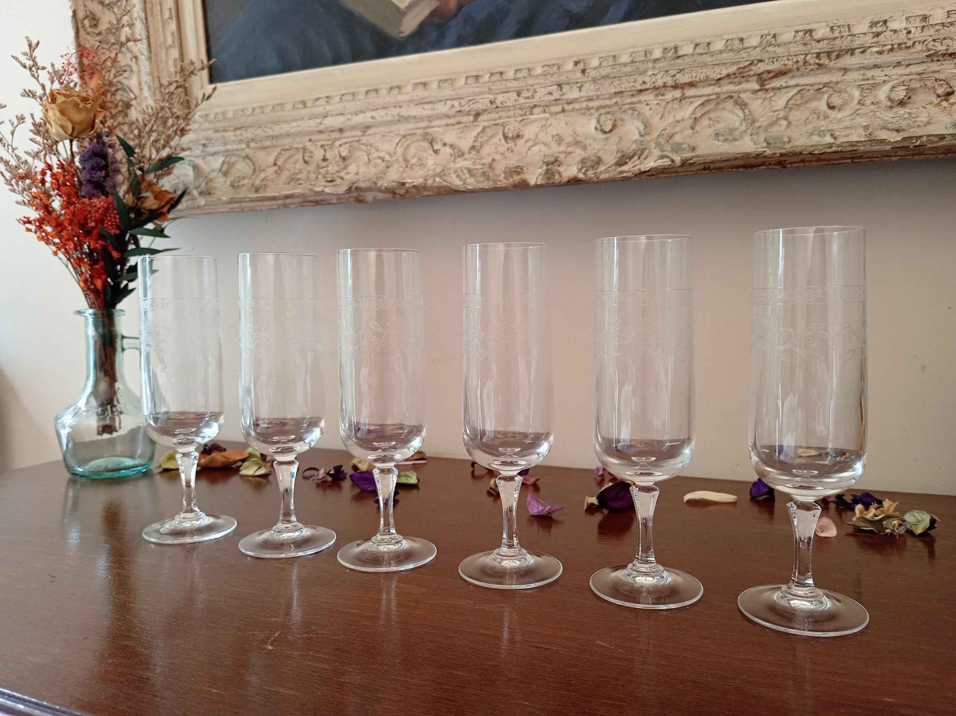 Flûtes à champagne gravées cristal d'Arques Matignon années 70 - Ensemble de 6 pièces