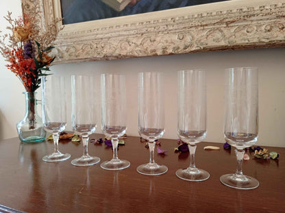 Flûtes à champagne gravées cristal d'Arques Matignon années 70 - Ensemble de 6 pièces