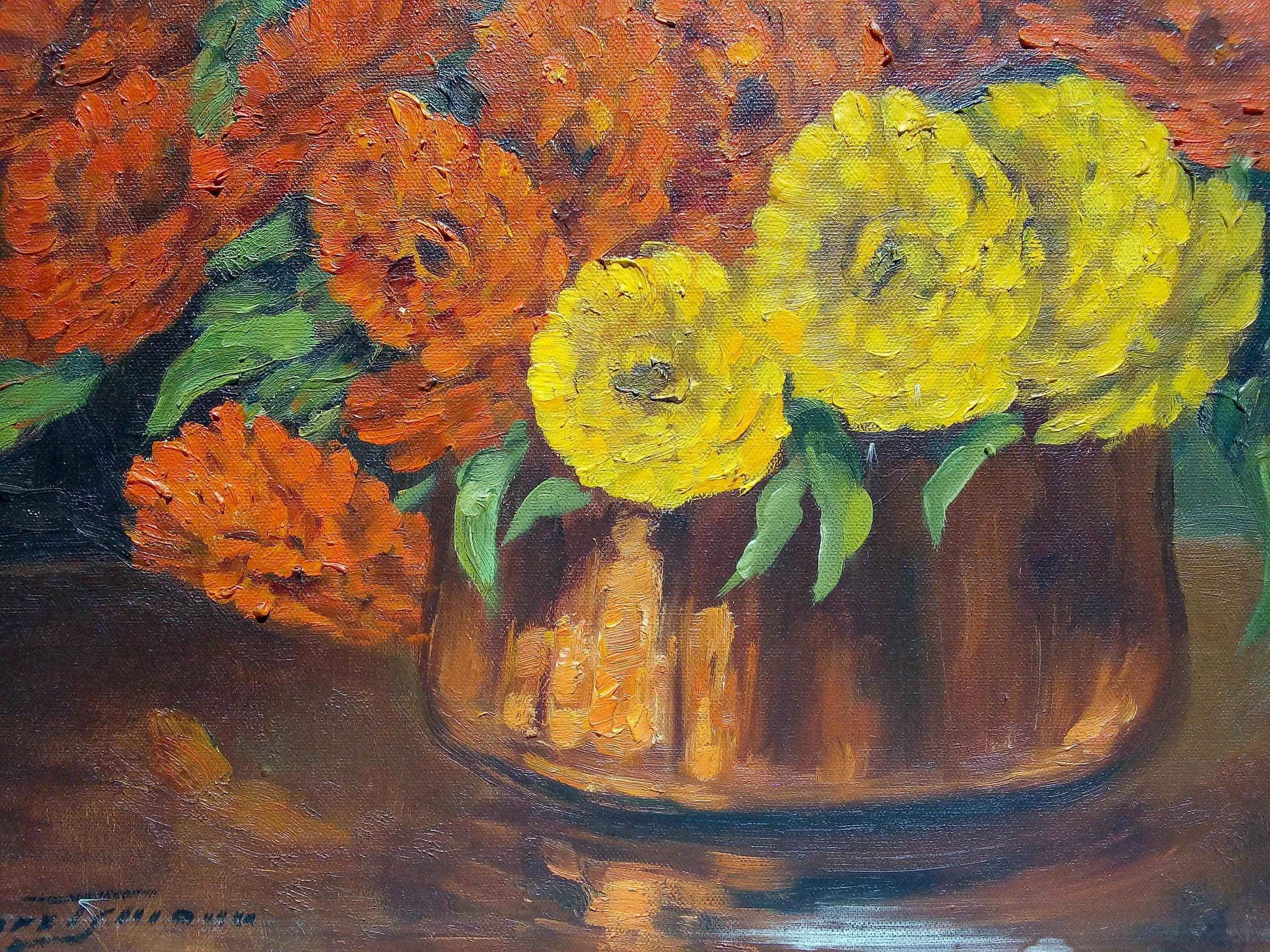 Peinture à l'huile fleurs Paul EHRETSMANN, bouquet vibrant années 1950 sur toile signée