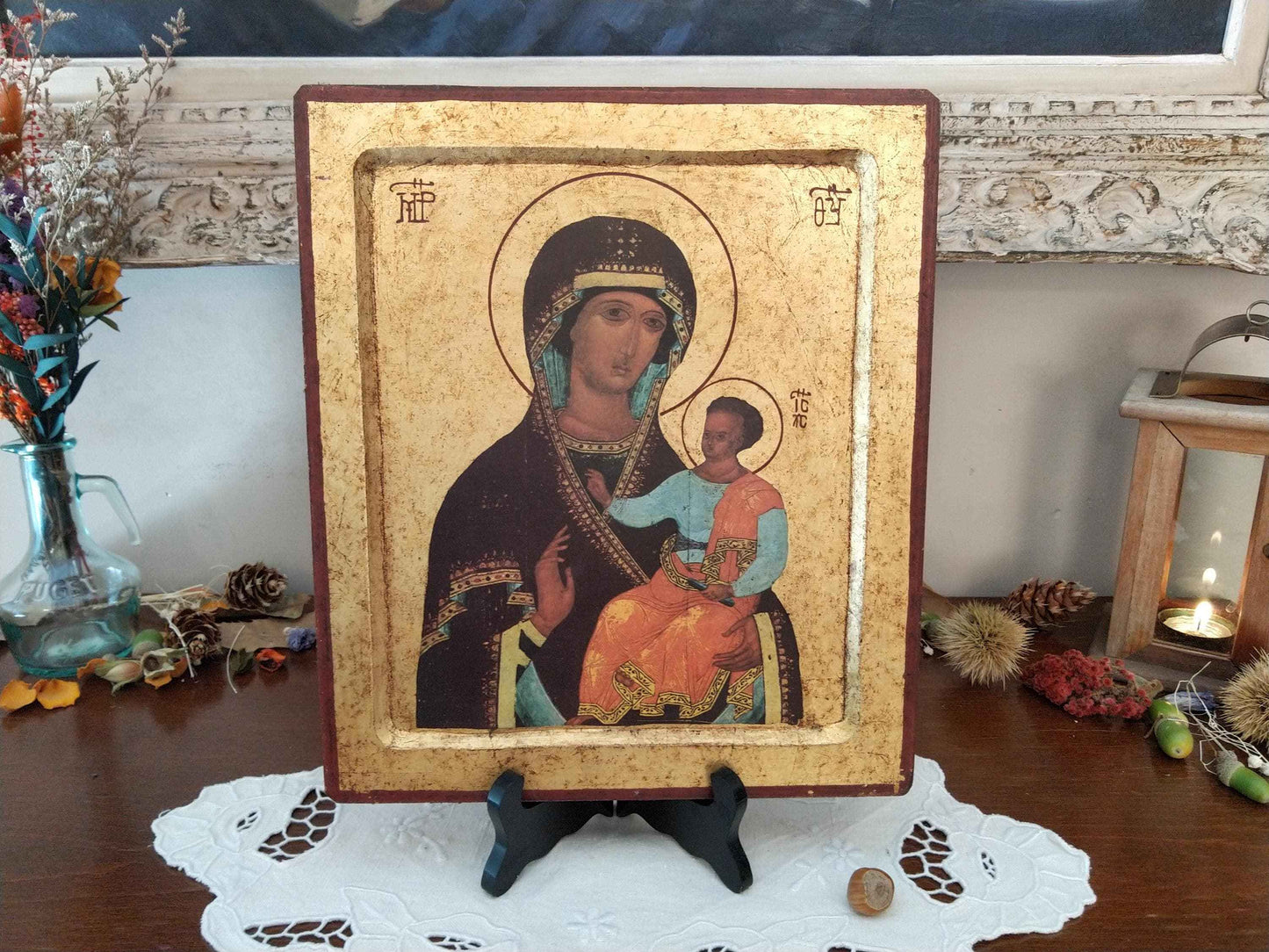 Grande icône byzantine en feuille d'or de la Sainte Vierge Marie avec l'Enfant Jésus - icône byzantine Sainte Vierge Marie fait à la main