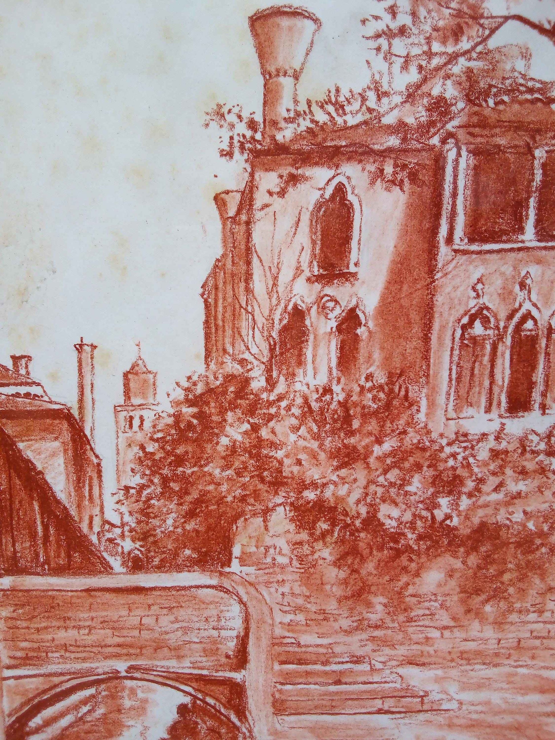 Vue de Venise dessin ancien signée - Sanguine du 20ème siècle en parfait état