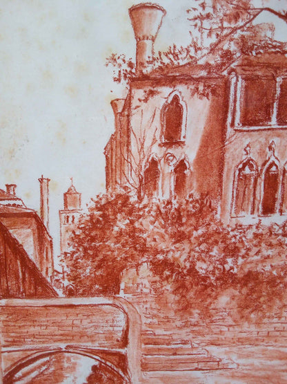 Vue de Venise dessin ancien signée - Sanguine du 20ème siècle en parfait état