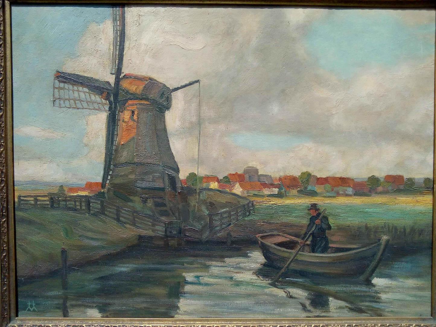 Peinture à l'huile Moulin Flamand et pêcheur début 20ème avec cadre d'époque élégant