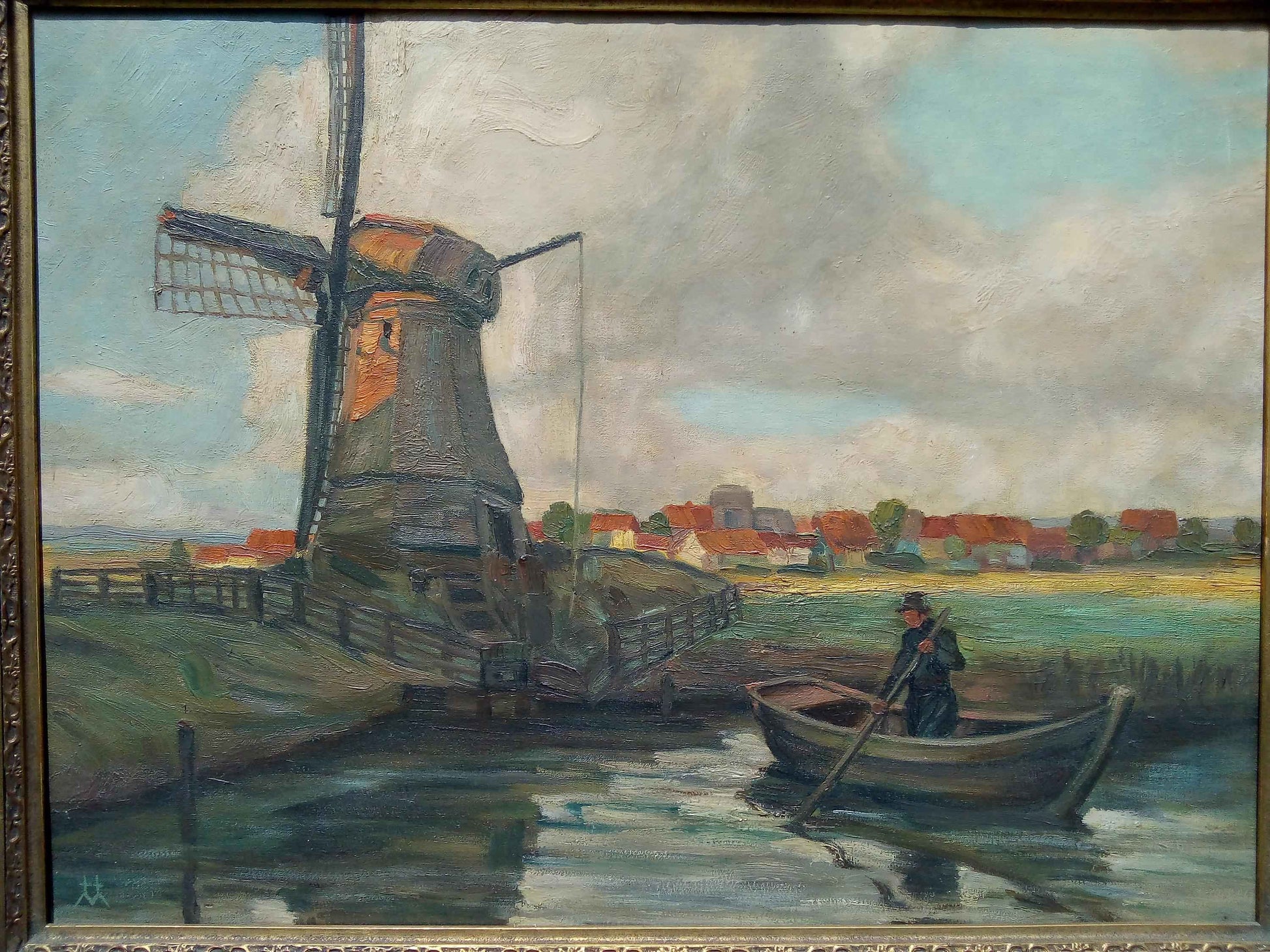 Peinture à l'huile Moulin Flamand et pêcheur début 20ème avec cadre d'époque élégant