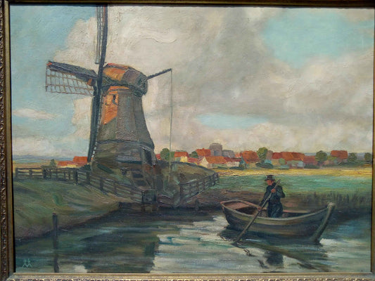 Peinture à l'huile Moulin Flamand et pêcheur début 20ème avec cadre d'époque élégant