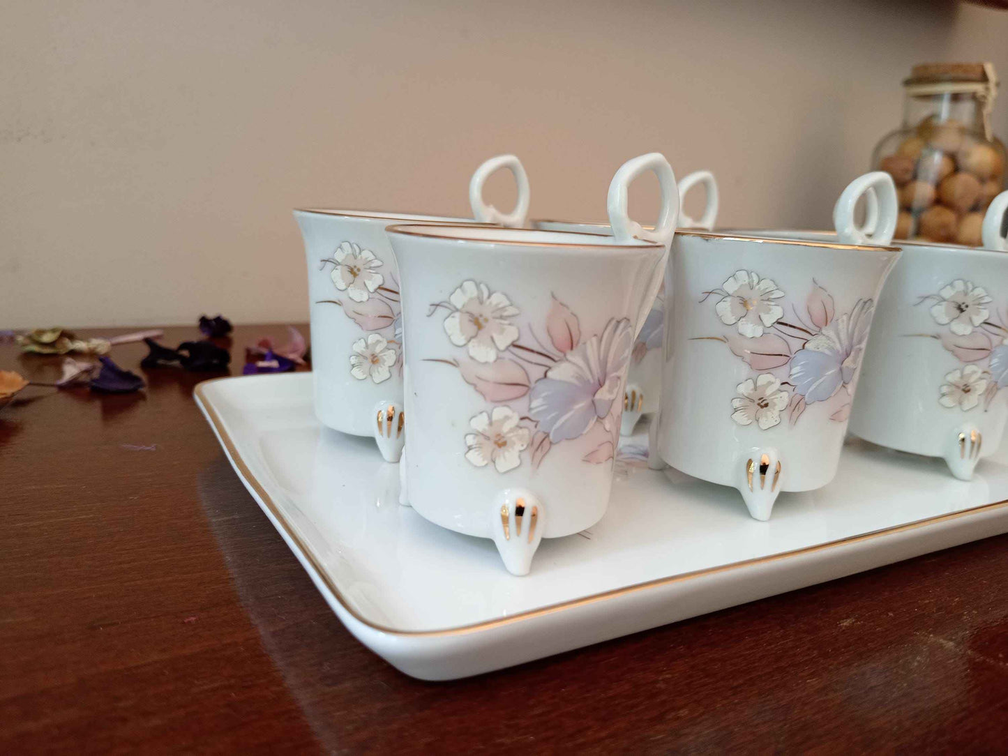6 tasses en porcelaine de Limoges avec plateau, filet peint à la main - Ensemble élégant pour café ou thé