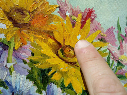 Peinture signée GUILLEMINOT fleurs - Huile sur toile, bouquet lumineux et coloré