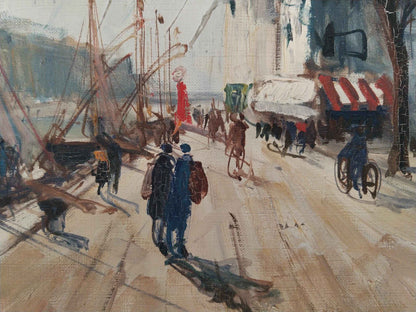 Peinture à l'huile signée AGDE La Balade au Port, unique, 1954