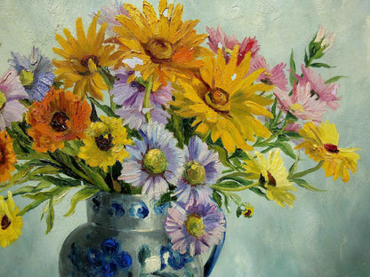 Peinture signée GUILLEMINOT fleurs - Huile sur toile, bouquet lumineux et coloré