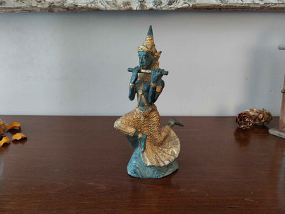 Statue de Prince Pra Apai Manee en bronze véritable avec patine verte antique