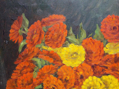 Peinture à l'huile fleurs Paul EHRETSMANN, bouquet vibrant années 1950 sur toile signée