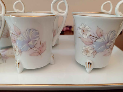 6 tasses en porcelaine de Limoges avec plateau, filet peint à la main - Ensemble élégant pour café ou thé