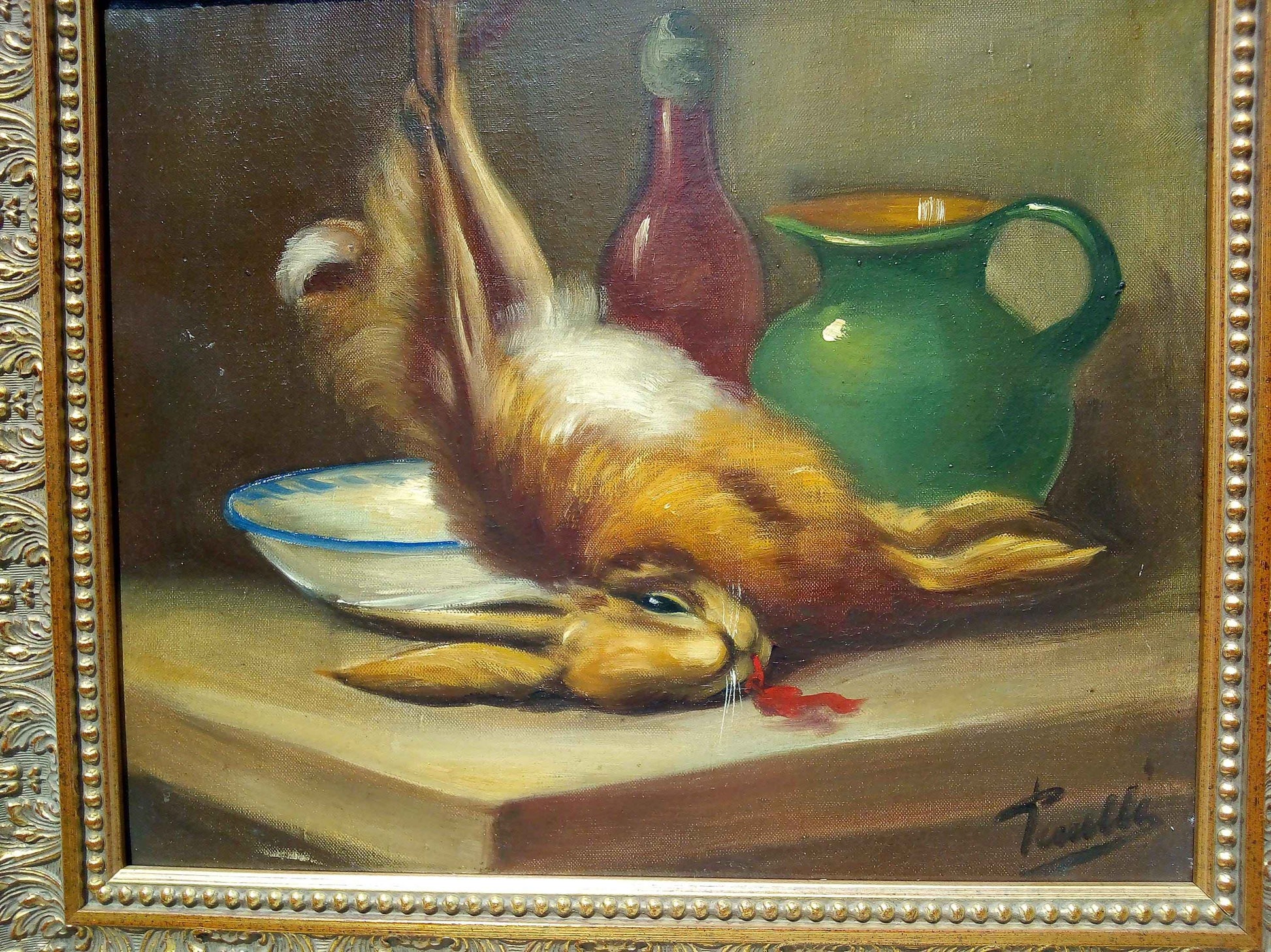 Peinture à l'huile 19ème siècle lapin avec toile signée PIRRELLI et cadre doré élégant