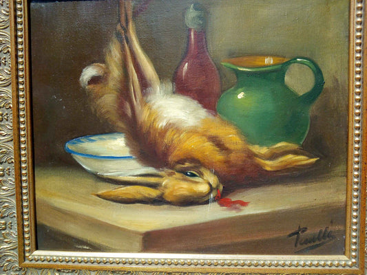 Peinture à l'huile 19ème siècle lapin avec toile signée PIRRELLI et cadre doré élégant
