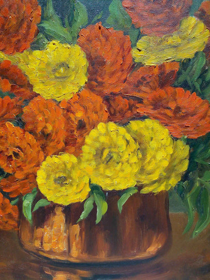 Peinture à l'huile fleurs Paul EHRETSMANN, bouquet vibrant années 1950 sur toile signée