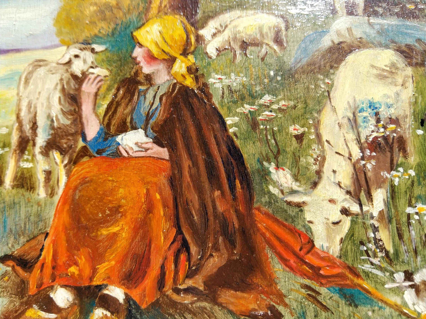 Peinture à l'huile MUDEL 1940, œuvre vintage de bergère et moutons
