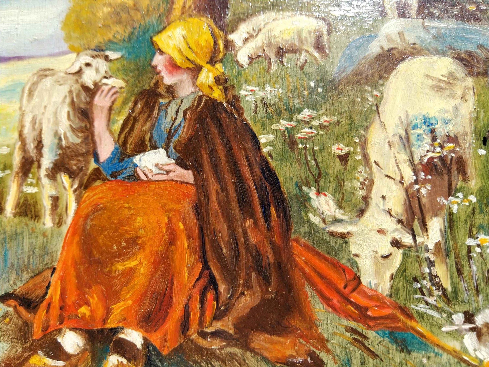 Peinture à l'huile MUDEL 1940, œuvre vintage de bergère et moutons