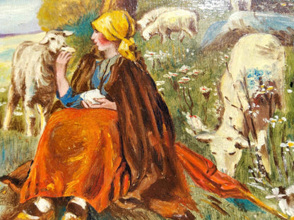 Peinture à l'huile MUDEL 1940, œuvre vintage de bergère et moutons